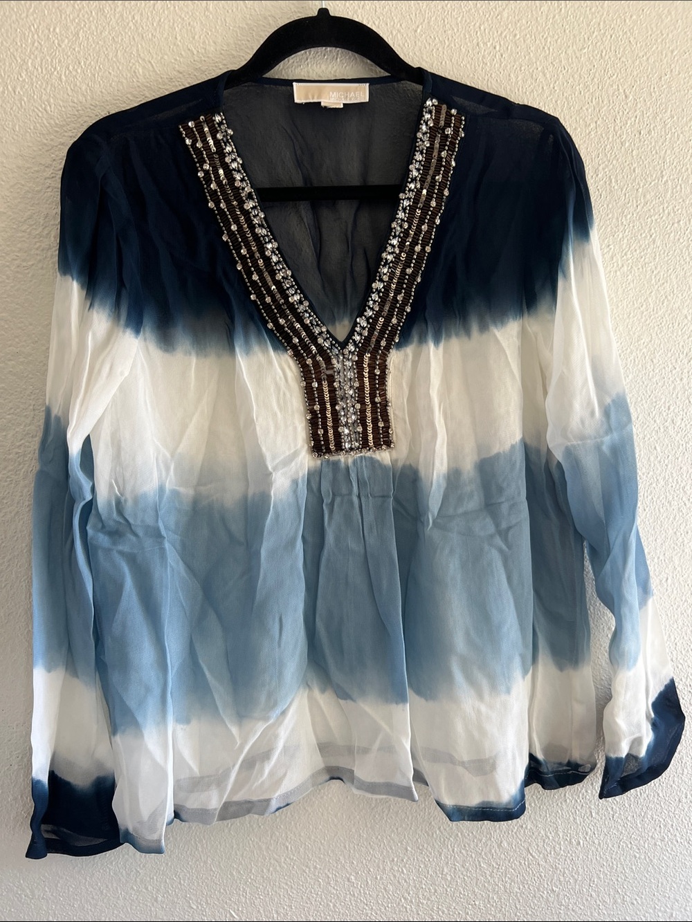 Michael Kors Navy White Light-Blue Ombre Beaded V-Neck sheer Tunic top size S/M